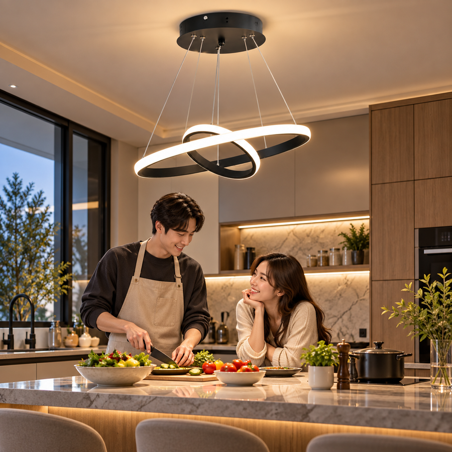 Κρεμαστός πολυέλαιος LED RICCI 25W, 2 κύκλοι, Κρύο/Ζεστό/Ουδέτερο φως, Μαύρο, Ρυθμιζόμενο ύψος