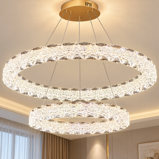 Πολυέλαιος SHELP Crystal LED με τηλεχειριστήριο, 64W, Θερμό/Ουδέτερο/Ψυχρό φως, Φ60 cm, Ρυθμιζόμενο Ύψος, Μέταλλο και Κρύσταλλο, Χρυσό