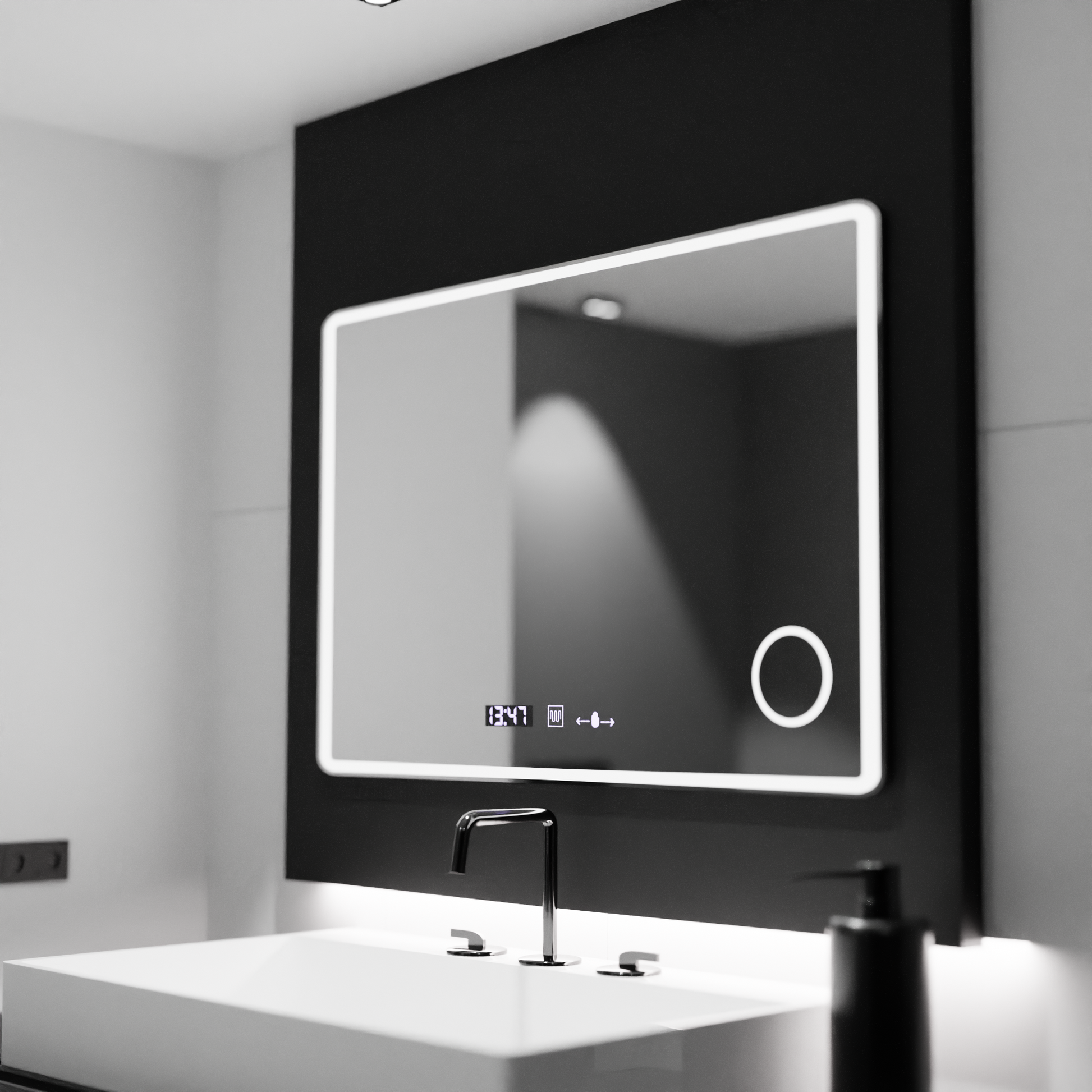 Ορθογώνιος καθρέφτης LED 120x80 Aura Riflesso Puro MotionGlow Marcello, Σύστημα αποθάμβωσης, Θερμόμετρο και ρολόι, Dimable Mirrors Marcello Προεπιλεγμένος τίτλος Alessandro Design