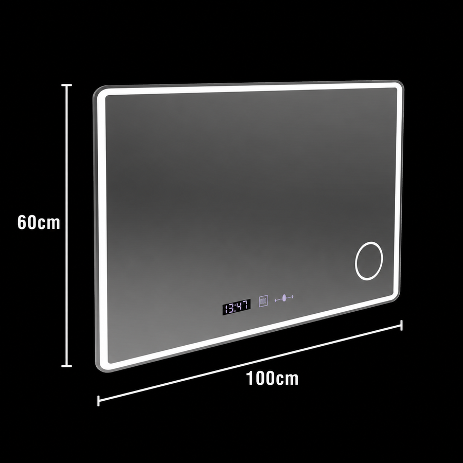 Ορθογώνιος καθρέφτης LED 100x60 Aura Riflesso Puro MotionGlow Marcello, Σύστημα Demister, Ρολόι, Ρυθμιζόμενο