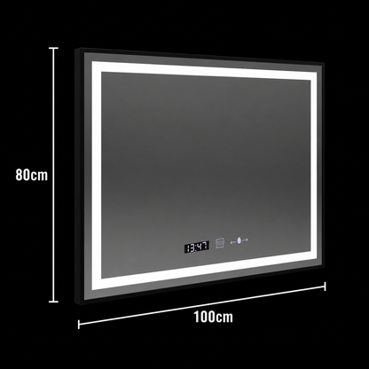 Ορθογώνιος καθρέφτης LED, 100x80cm, Verite Majeste Noir MotionGlow Marcello, Σύστημα Demister, Ρολόι, Ρυθμιζόμενο