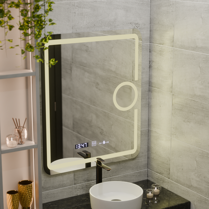 Ορθογώνιος καθρέφτης LED, 75x90cm, Eclat MotionGlow Marcello, Σύστημα Demister, Ρολόι & Θερμόμετρο, Καλλυντικός Μεγεθυντικός φακός, Dimable Mirrors Marcello Προεπιλεγμένος τίτλος Alessandro Design