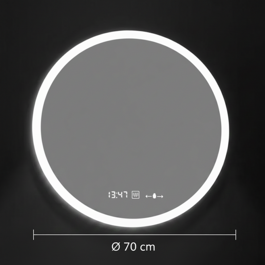 GIULIA Στρογγυλός καθρέφτης LED, 70cm, Αισθητήρας MotionGlow, Σύστημα Demister, Ρολόι & Θερμόμετρο, Dimable, Marcello Funghi