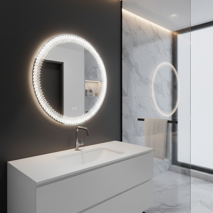 Nexos Στρογγυλός καθρέφτης LED, 60cm, 24W, Θερμό/Ψυχρό/Ουδέτερο φως, Αισθητήρας, Σύστημα Demister, Ρολόι, Ρυθμιζόμενο