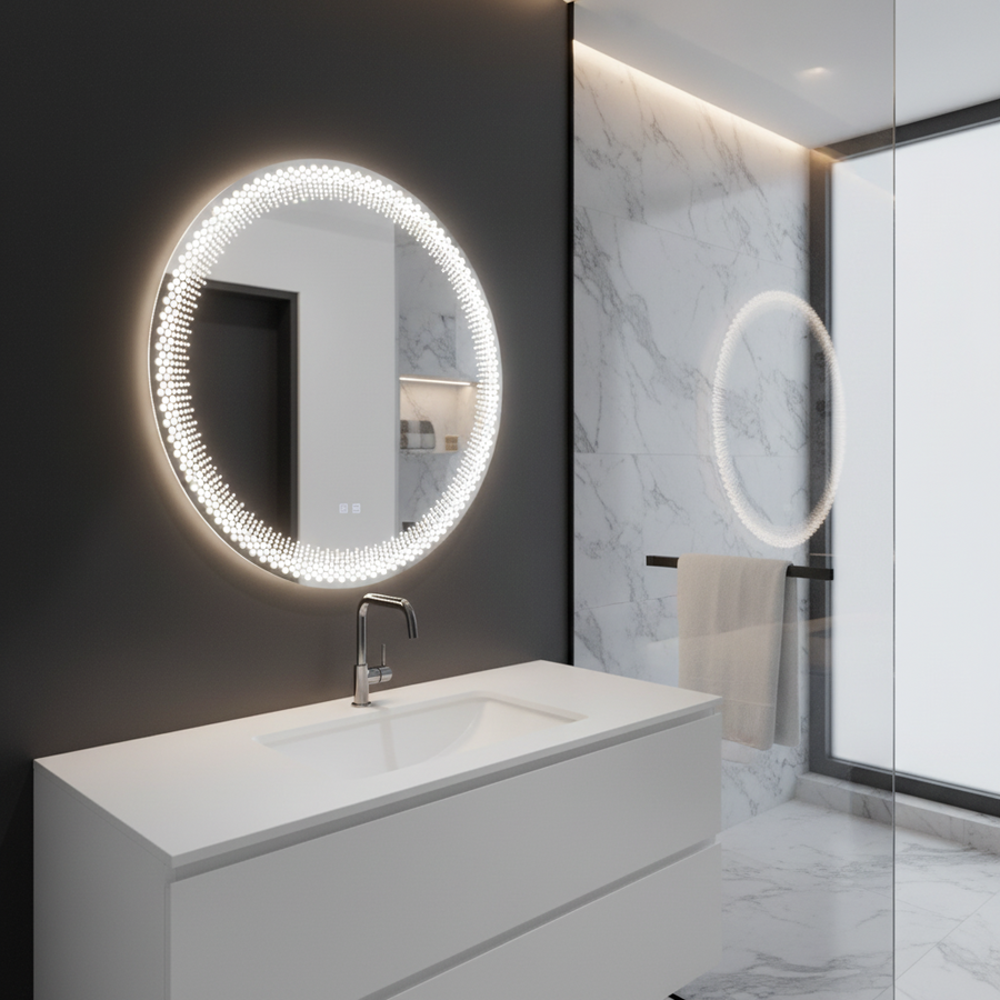 Nexos Στρογγυλός καθρέφτης LED, 60cm, 24W, Θερμό/Ψυχρό/Ουδέτερο φως, Αισθητήρας, Σύστημα Demister, Ρολόι, Ρυθμιζόμενο