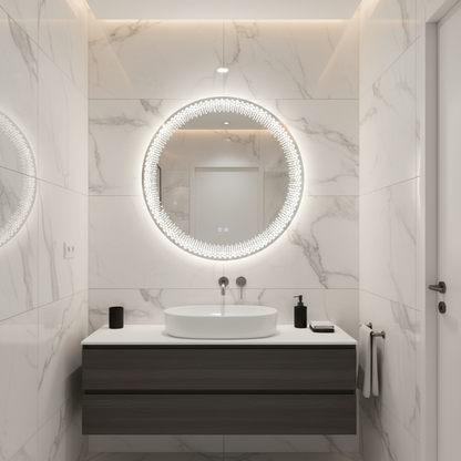 Nexos Στρογγυλός καθρέφτης LED, 60cm, 24W, Θερμό/Ψυχρό/Ουδέτερο φως, Αισθητήρας, Σύστημα Demister, Ρολόι, Ρυθμιζόμενο