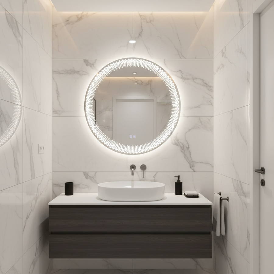 Nexos Στρογγυλός καθρέφτης LED, 60cm, 24W, Θερμό/Ψυχρό/Ουδέτερο φως, Αισθητήρας, Σύστημα Demister, Ρολόι, Ρυθμιζόμενο