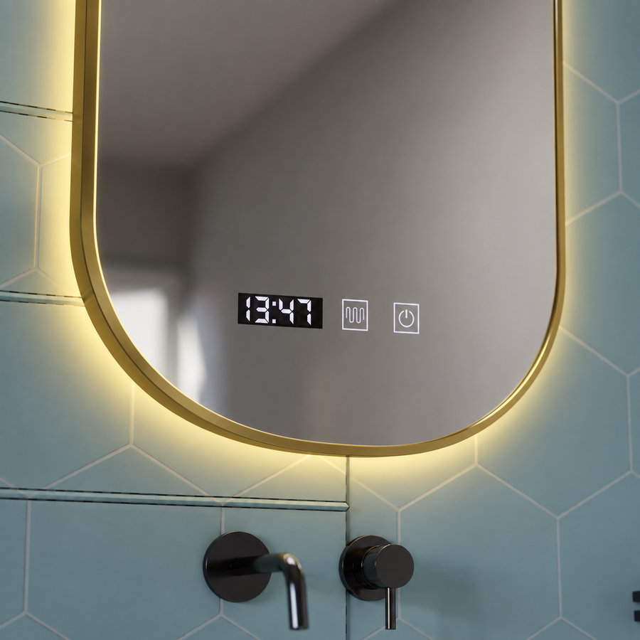 Konrad LED Touch Mirror System Demist, Ρολόι και Θερμοκρασία 50x80 cm Βουρτσισμένο Χρυσό Πλαίσιο, Ζεστό Ουδέτερο Ψυχρό Φως 3000K/4000K/6000K
