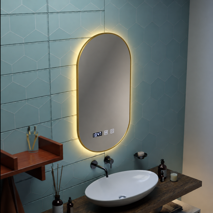 Konrad LED Touch Mirror System Demist, Ρολόι και Θερμοκρασία 50x80 cm Βουρτσισμένο Χρυσό Πλαίσιο, Ζεστό Ουδέτερο Ψυχρό Φως 3000K/4000K/6000K