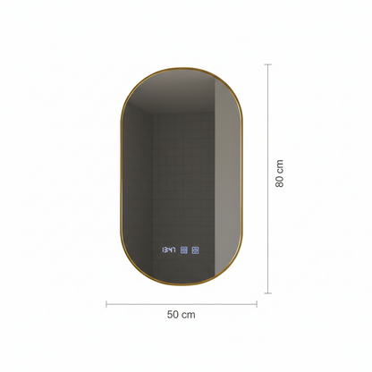 Konrad LED Touch Mirror System Demist, Ρολόι και Θερμοκρασία 50x80 cm Βουρτσισμένο Χρυσό Πλαίσιο, Ζεστό Ουδέτερο Ψυχρό Φως 3000K/4000K/6000K