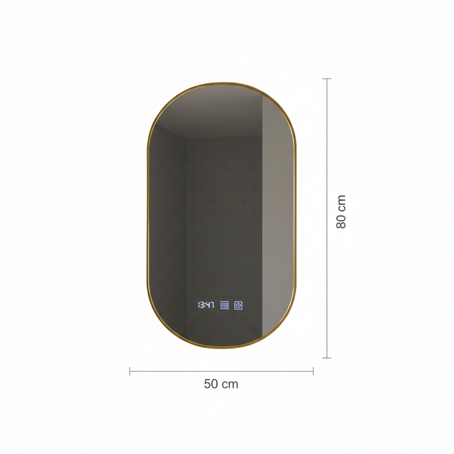 Konrad LED Touch Mirror System Demist, Ρολόι και Θερμοκρασία 50x80 cm Βουρτσισμένο Χρυσό Πλαίσιο, Ζεστό Ουδέτερο Ψυχρό Φως 3000K/4000K/6000K