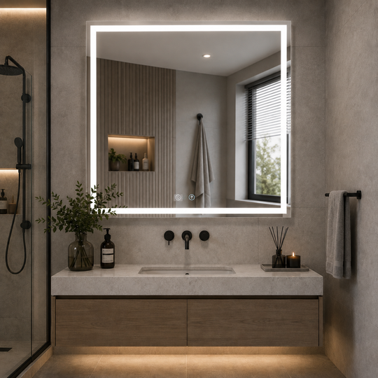 Καθρέφτης LED WAMOSK, 52W, 75x90cm, Λευκό, Αισθητήρας, Φως 3000K, 4000K, 6000K, Λειτουργίες Demister, Μέταλλο, Ρολόι και Θερμοκρασία