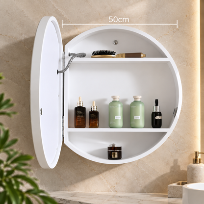Καθρέφτης LED με Ντουλάπι, Στρογγυλός, 10W, 50x50cm, Demist, Μαύρος Σκελετός, Αποθηκευτικός Χώρος