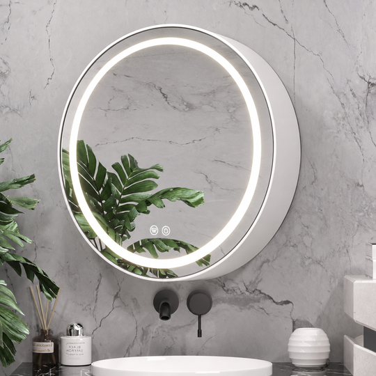 Καθρέφτης LED με Ντουλάπι, Στρογγυλός, 10W, 50x50cm, Demist, Μαύρος Σκελετός, Αποθηκευτικός Χώρος
