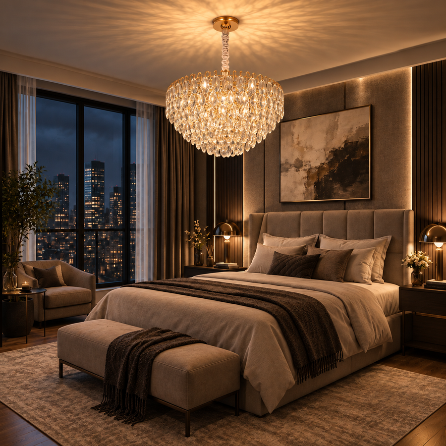 ERDENET Eleganza Crystal Chandelier, 9xE14, Διάμετρος 50 cm, Μέταλλο και Κρύσταλλο, Γυαλιστερό χρυσό, Ρυθμιζόμενο ύψος