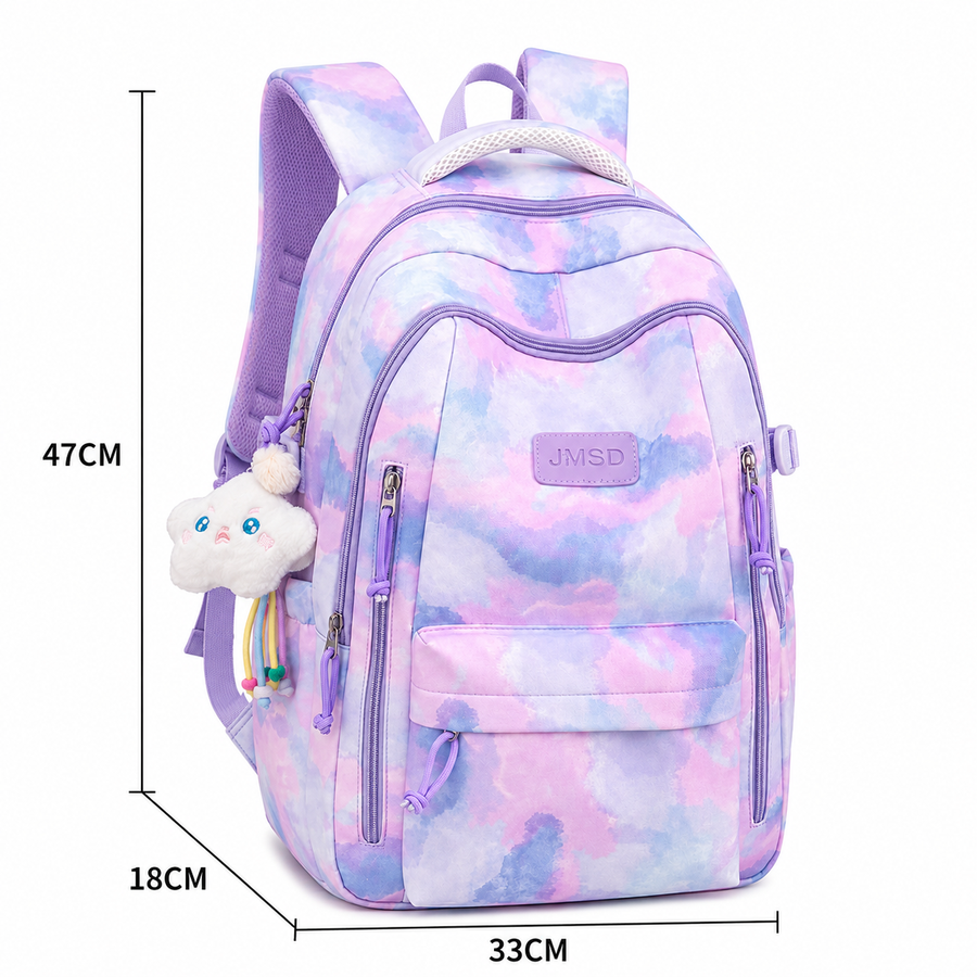 Rucsac de Scoala BAHIR DAR, 47x33x18 cm, Oxford, Roz-mov cu Imprimeu Tie-dye