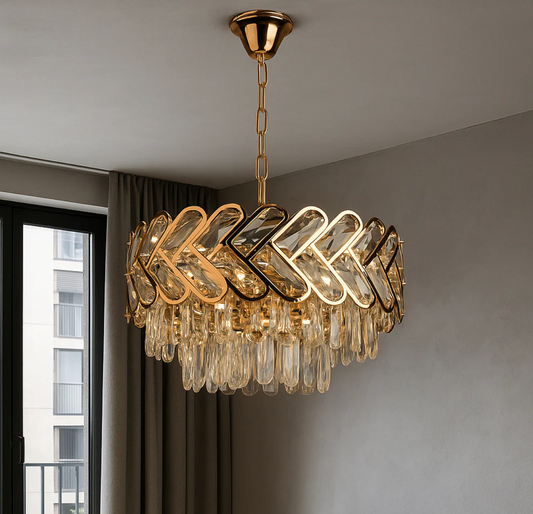 Candelabru Cristal Muke 5xE27, Diametru 40cm, Auriu, Inaltime Reglabila