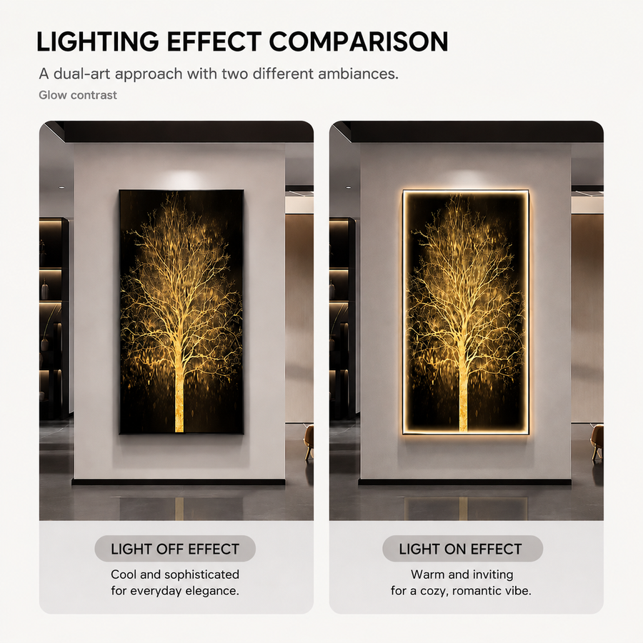 Tablou Sticla cu iluminare LED Arbore Auriu, 60 x 120 cm, 24W, Lumina Neutra, Aliaj de Aluminiu si MDF