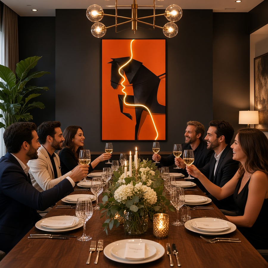 Tablou Sticla cu iluminare LED Calul de Foc, 60 x 80 cm, 24W, Lumina Neutra, Aliaj de Aluminiu si MDF