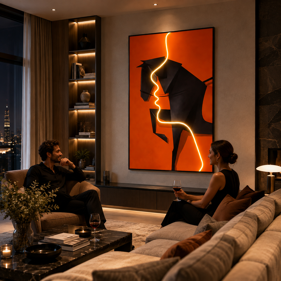 Tablou Sticla cu iluminare LED Calul de Foc, 60 x 80 cm, 24W, Lumina Neutra, Aliaj de Aluminiu si MDF