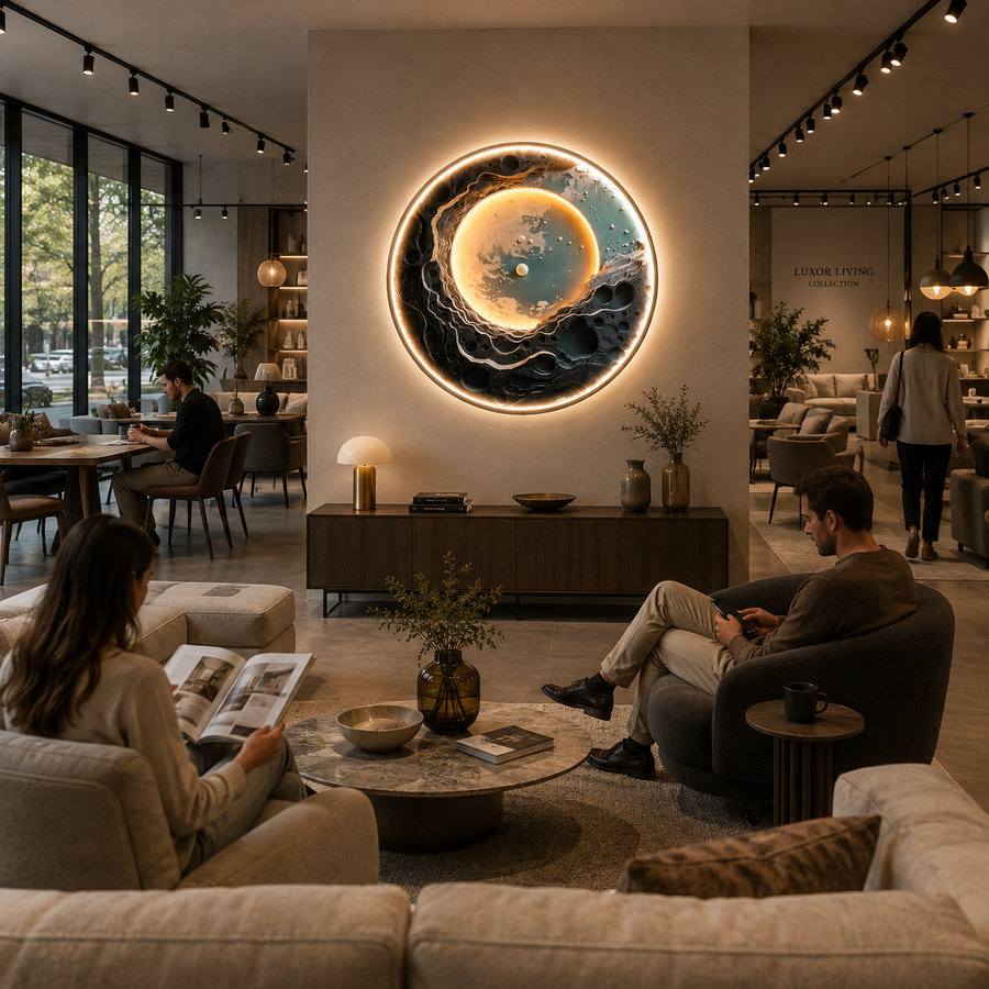 Tablou Sticla cu iluminare LED Planeta Albastra, Diametru 80 cm, 24W, Lumina Neutra, Aliaj de Aluminiu si MDF