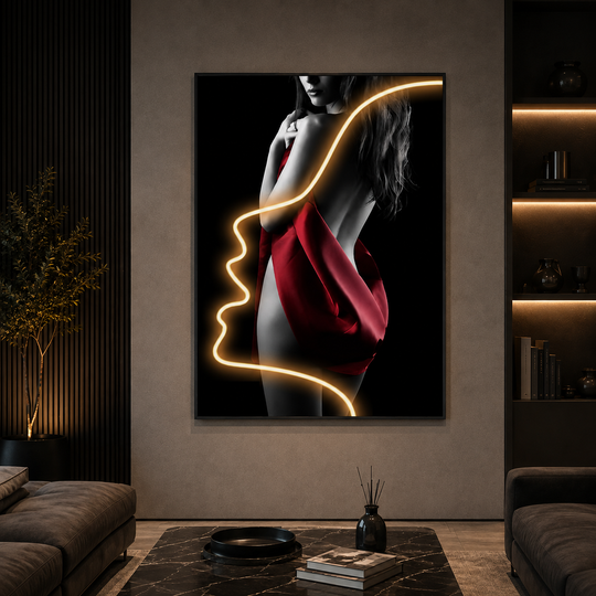Tablou Decorativ cu Iluminare LED Silueta in Rosu, 60 x 80 cm, 24W, Lumina Neutra, Aliaj de Aluminiu si MDF