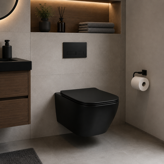 Κρεμαστή τουαλέτα NUNAVUT Frameless, Οριζόντια Αποχέτευση (P-Trap) 18 cm, 51,5x36,5x36 cm, Μαύρο