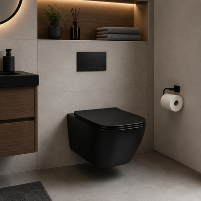 Κρεμαστή τουαλέτα NUNAVUT Frameless, Οριζόντια Αποχέτευση (P-Trap) 18 cm, 51,5x36,5x36 cm, Μαύρο