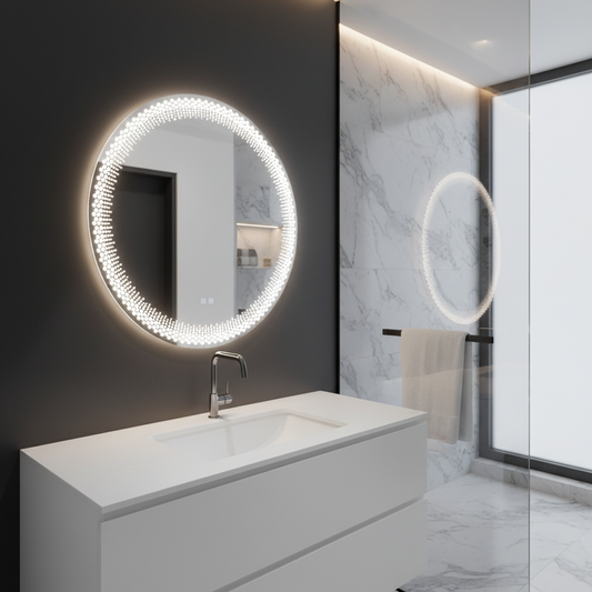 Oglinda LED Rotunda Nexos, 60cm, 24W, Lumina Calda/ Rece/ Neutra, Senzor, Sistem Dezaburire, Ceas si Termometru, Dimabila