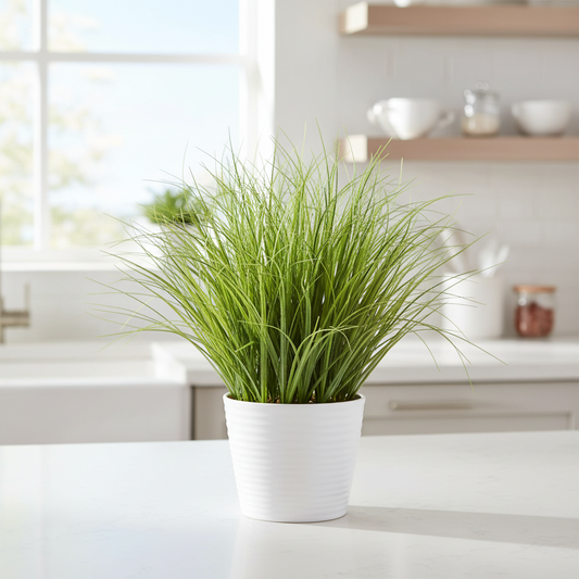 Iarbă ornamentală, Planta Artificiala, Tip Ceapă cu frunze Curbate, 38 cm, Fără Ghiveci, Verde