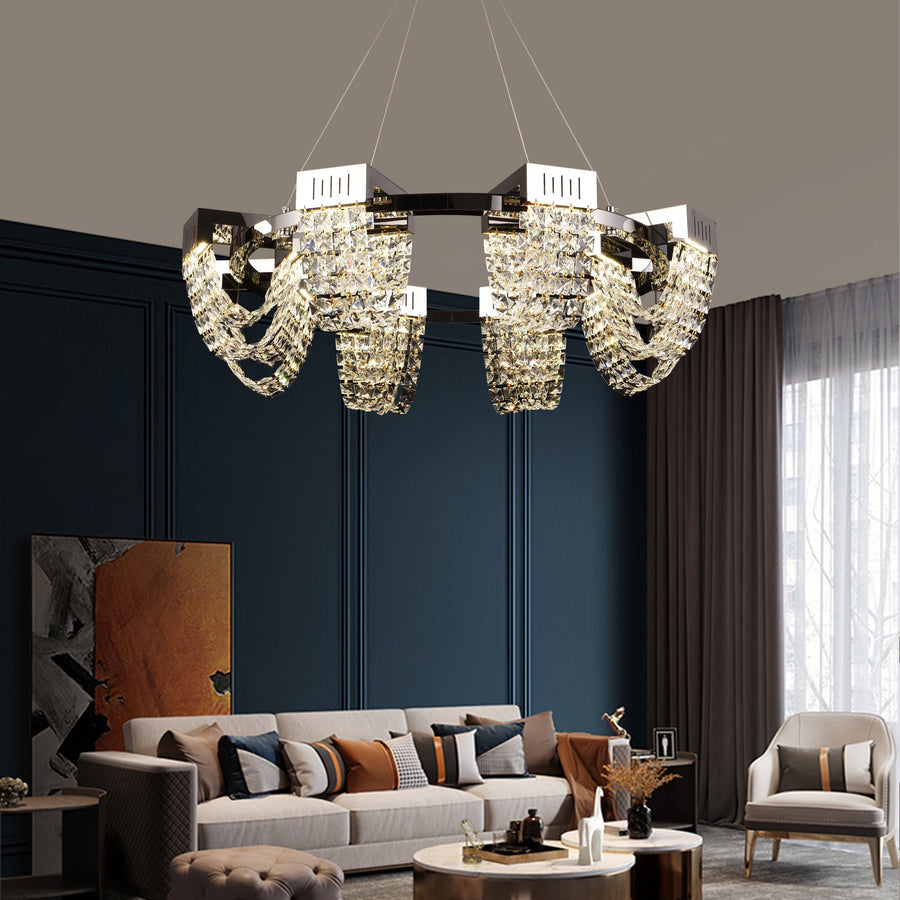 LED Crystal Chandelier 40W, CC370/800CH, Διάμετρος 80cm, Γυαλιστερό χρώμιο, Ρυθμιζόμενο ύψος, Θερμό Ουδέτερο Ψυχρό Φως 3000K/4000K/6000K, Μέταλλο και Κρύσταλλο