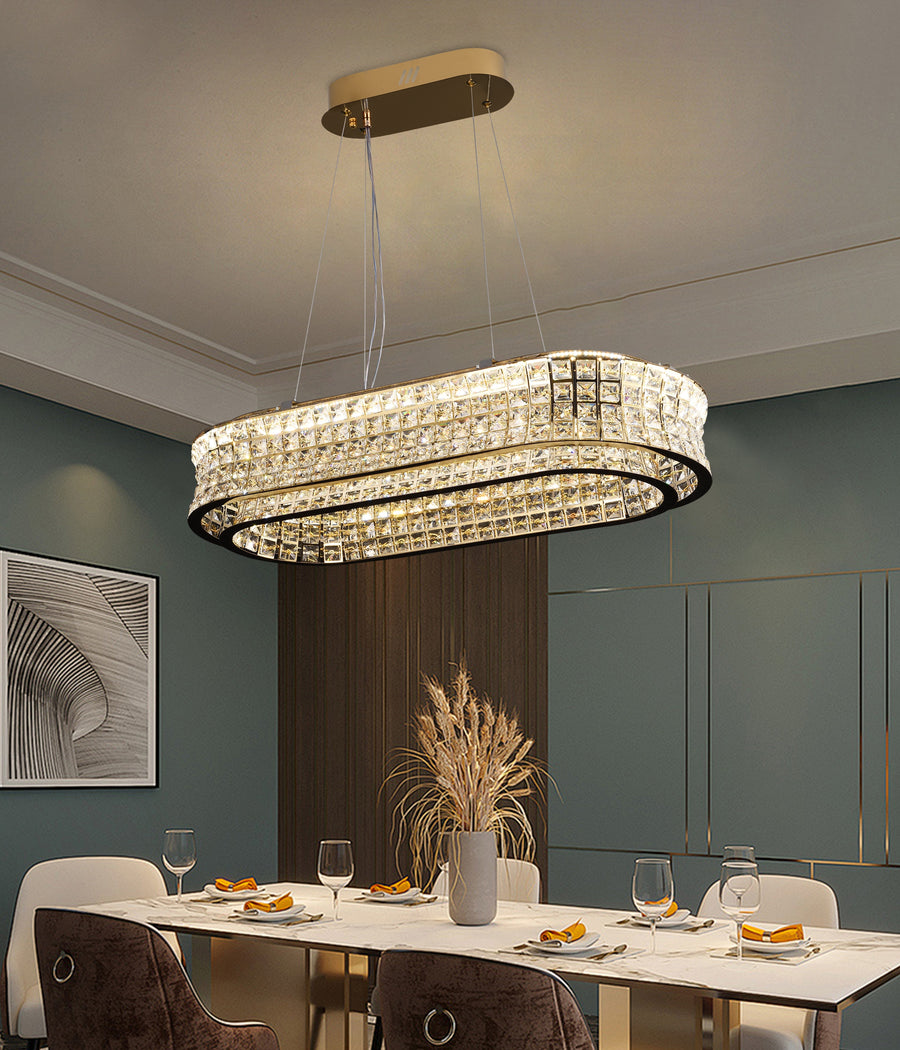 Πολυέλαιος LED με Τηλεχειριστήριο, LLC160/750X350GD, Κρύσταλλο και μέταλλο, 71W, Ρυθμιζόμενο, Ρυθμιζόμενο ύψος, Κρύο/Ζεστό/Ουδέτερο φως, Πολυτελής φωτισμός