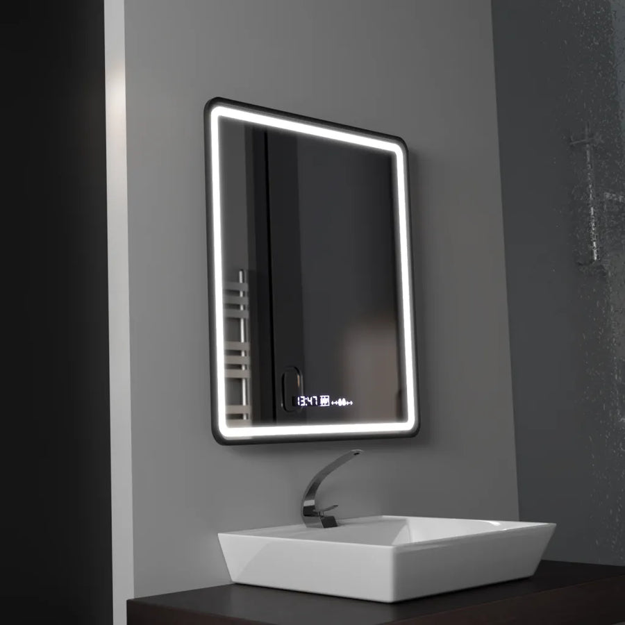 Mirror LED Touch Favola System Decrosting Neagra Clock and Therement 75x90 CM Marcello Funghi Collection