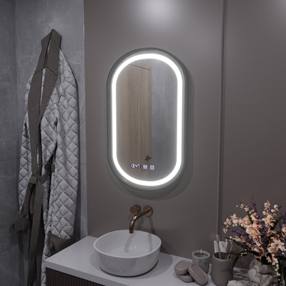 Helmut LED Touch Mirror De-fogging System, Clock and Temperature 50x90 cm Black Frame Brushed Marcello Funghi