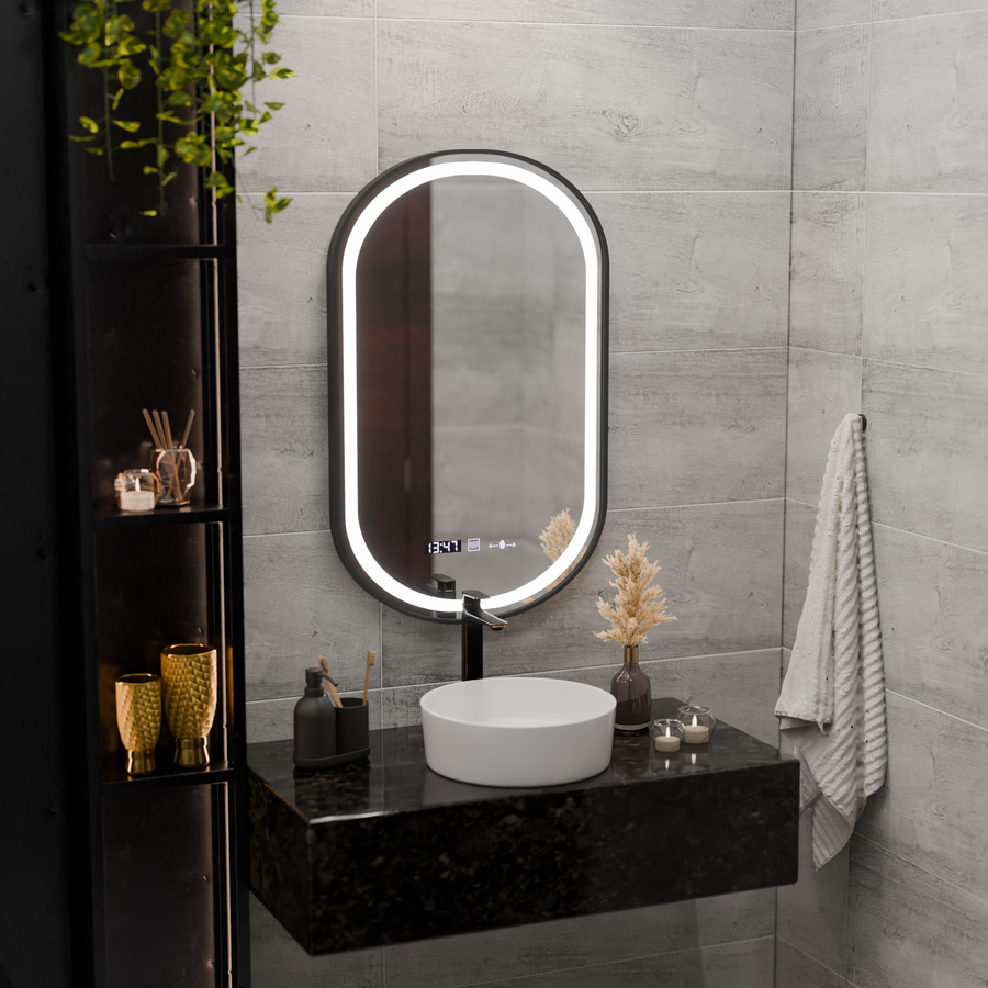 Mirror LED Touch Helmut System, ρολόι και θερμοκρασία 50x80 cm μαύρο πινέλο πλαισίου