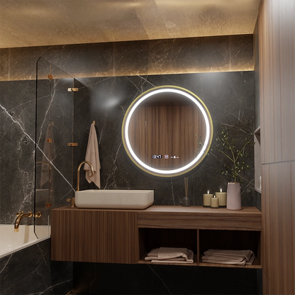 LED Στρογγυλός καθρέφτης, 60cm, Celeste Royale Gold MotionGlow Marcello, Σύστημα Demister, Ρολόι & Θερμόμετρο, Ρυθμιζόμενο