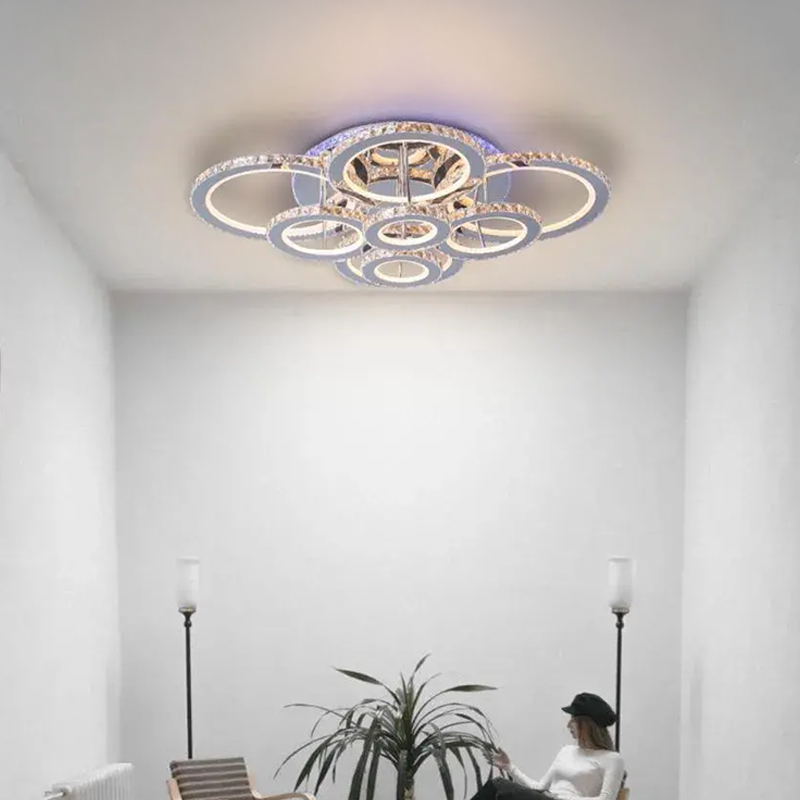 Πολυέλαιος LED με τηλεχειριστήριο και κρύσταλλο LIA RGB 182W, 8 κύκλοι, Κρύο/Ζεστό/Ουδέτερο φως, Ρυθμιζόμενο, Γυαλιστερό χρώμιο λευκό