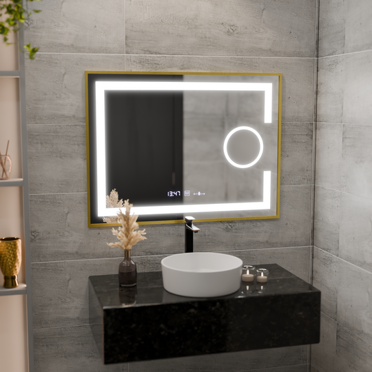Ορθογώνιος καθρέφτης LED, 80x60 cm, Eclat MotionGlow Marcello, Σύστημα αποθάμβωσης, Ρολόι & Θερμόμετρο, Καλλυντικός Μεγεθυντικός φακός, Dimable, Βουρτσισμένο χρυσό πλαίσιο καθρέφτες Marcello Προεπιλεγμένος τίτλος Alessandro Design