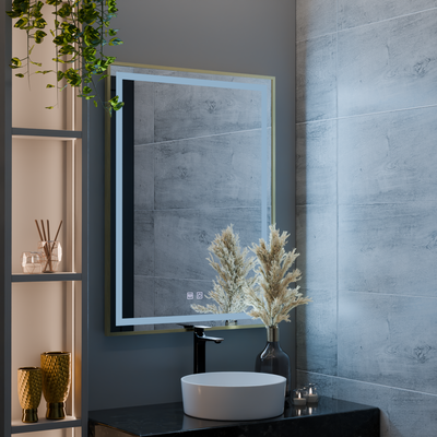 Καθρέφτης LED αφής RAYNA, 60x80 cm, λειτουργία Demist, Βουρτσισμένο χρυσό πλαίσιο