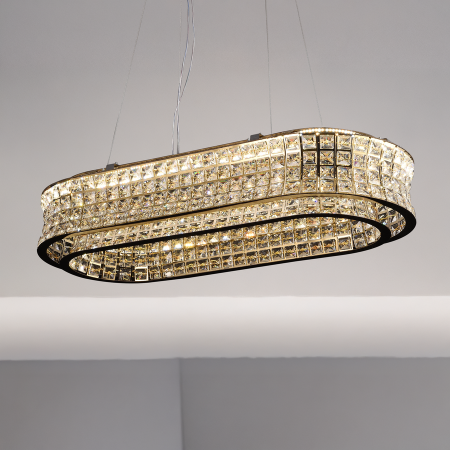 Πολυέλαιος LED με Τηλεχειριστήριο, LLC160/750X350GD, Κρύσταλλο και μέταλλο, 71W, Ρυθμιζόμενο, Ρυθμιζόμενο ύψος, Κρύο/Ζεστό/Ουδέτερο φως, Πολυτελής φωτισμός