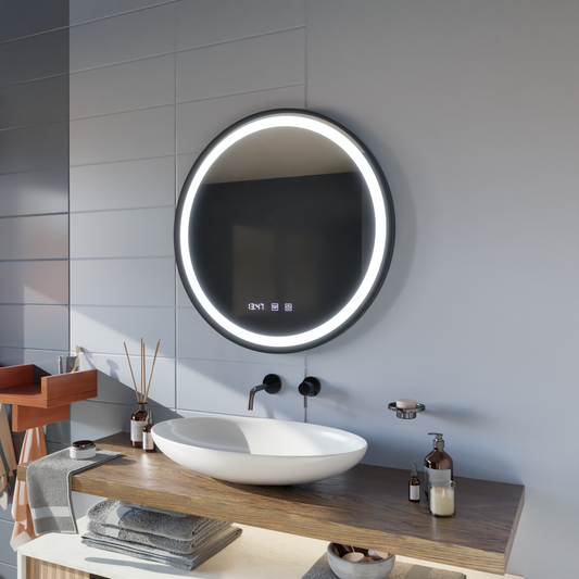 Mirror LED Touch Hans Debrulation Σύστημα, ρολόι και θερμοκρασία 60 cm μαύρο πλαίσιο brudged