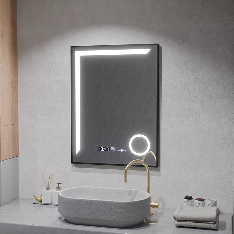 Καθρέφτης LED Francesca MotionGlow Αισθητήρας 60x80 cm Θερμό/Κρύο/Ουδέτερο Φως με ρυθμιζόμενο πλαίσιο Μαύρο βουρτσισμένο σύστημα αποθάμβωσης Θερμόμετρο Ρολόι Marcello Funghi Collection