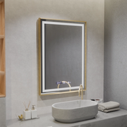 Ορθογώνιος καθρέφτης LED, 60x80cm, Verite Royale Gold MotionGlow Marcello, Σύστημα Demister, Ρολόι & Θερμόμετρο, Ρυθμιζόμενο