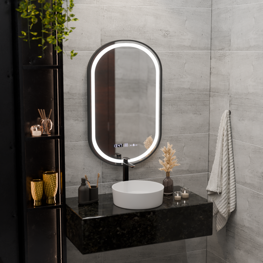 LED Touch Helmut Mirror, Σύστημα Demister, Ρολόι και Θερμοκρασία 45x90 cm, Μαύρο Πλαίσιο, Βουρτσισμένο Marcello Funghi
