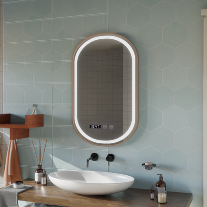 LED Touch Konrad Mirror System Defrition, ρολόι και θερμοκρασία 50x80 cm πλαίσιο χρυσού βούρτσα