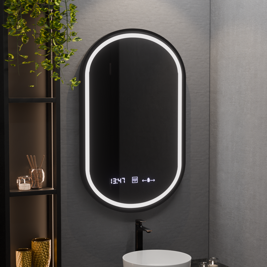 Oval LED Mirror 50x80cm Alessia Motionglow Marcello Dimable Clock Disrosting System
