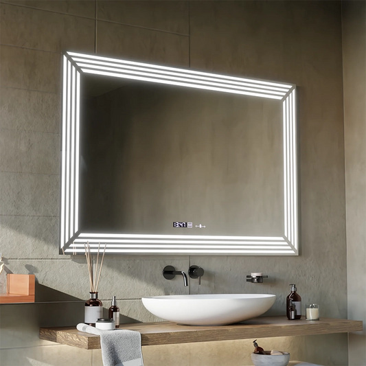 Ορθογώνιος καθρέφτης LED, 110x65cm, Αισθητήρας Venezia MotionGlow Marcello, Σύστημα αποθαμβώματος, Ρολόι & Θερμόμετρο, Dimabila