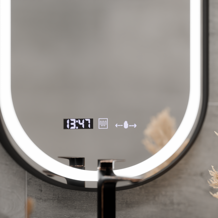 Σύστημα αποθολώματος με αισθητήρα κράνους καθρέφτη LED, ρολόι και θερμοκρασία 50x90 cm Μαύρο πλαίσιο Brushed Marcello Funghi