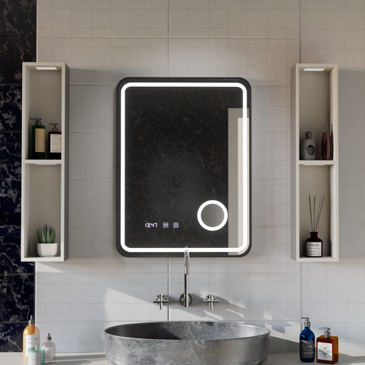 Mirror LED Touch Ulrich ΣΥΣΤΗΜΑ ΔΙΑΚΟΠΗΣ, Ρολόι και Θερμοκρασία 60x80 cm Μαύρο Ramahed Cosmetics LUP
