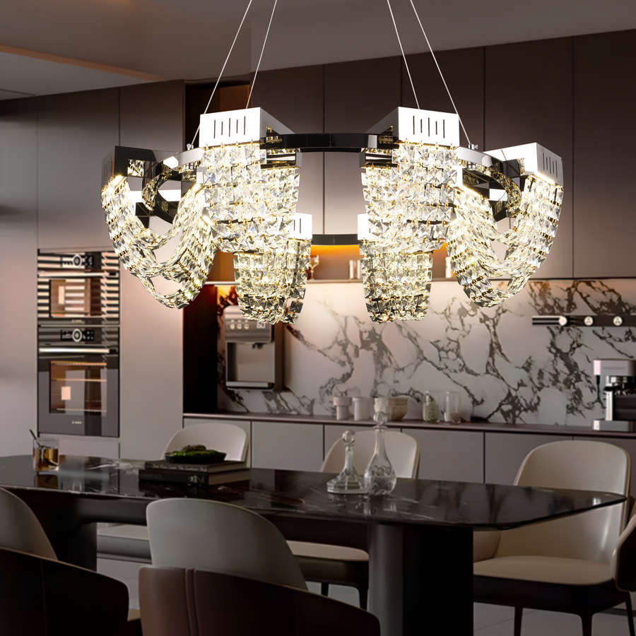 LED Crystal Chandelier 40W, CC370/800CH, Διάμετρος 80cm, Γυαλιστερό χρώμιο, Ρυθμιζόμενο ύψος, Θερμό Ουδέτερο Ψυχρό Φως 3000K/4000K/6000K, Μέταλλο και Κρύσταλλο